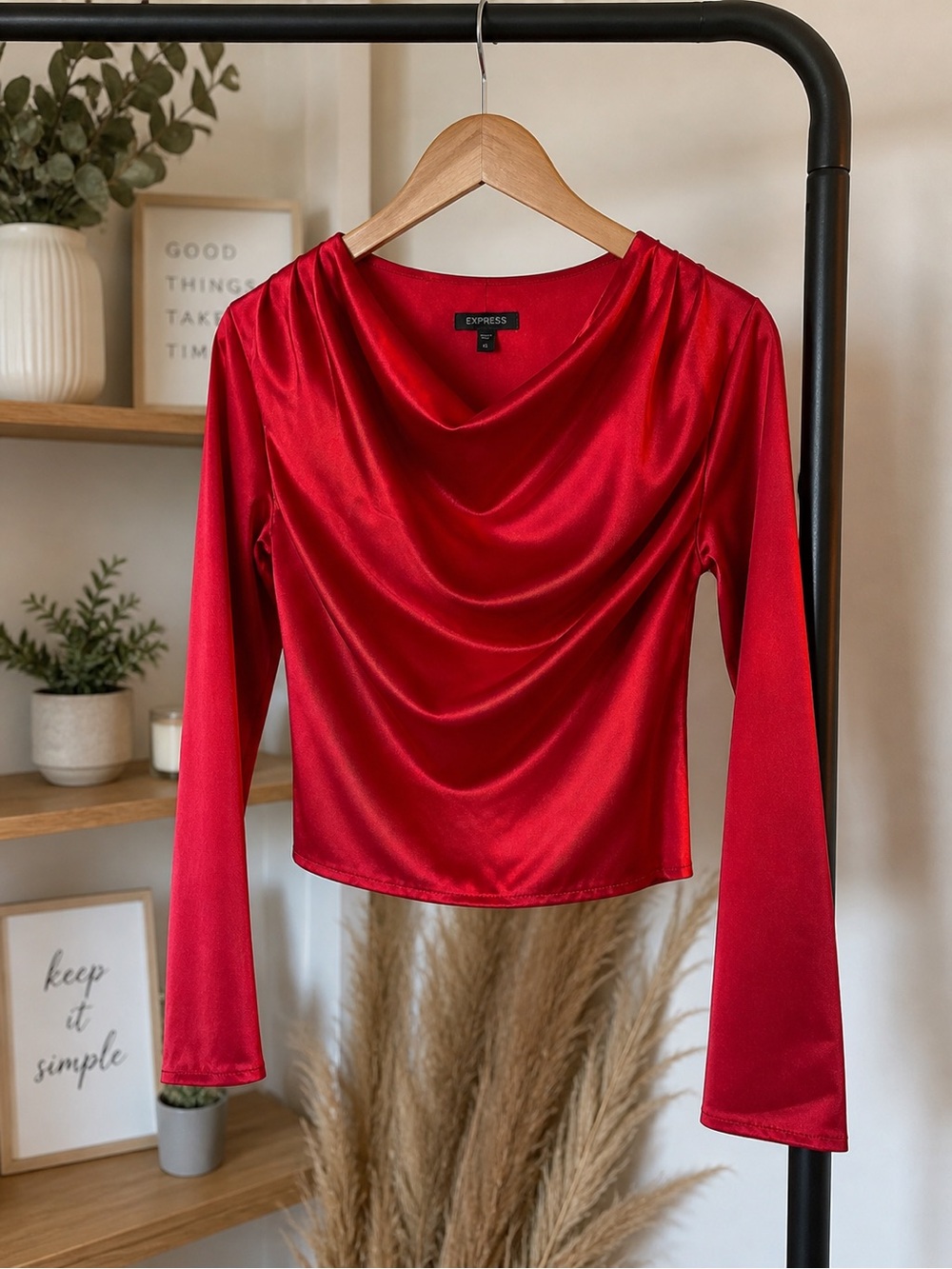 Express Red Satin Draped Top | Cowl Neck | Holiday Party Hostess Chic | XS